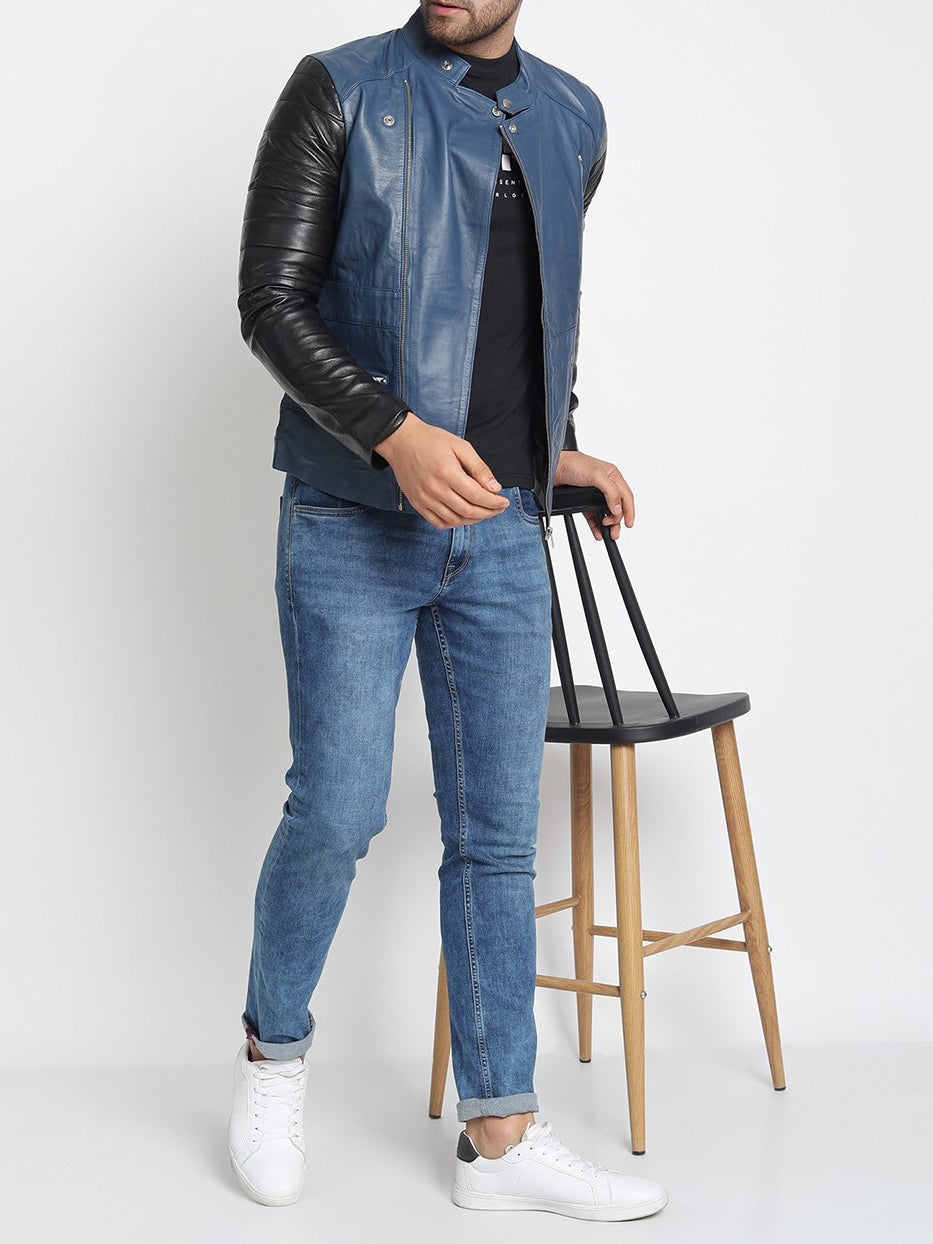 Blue Black Light Weight Biker Leather Jacket