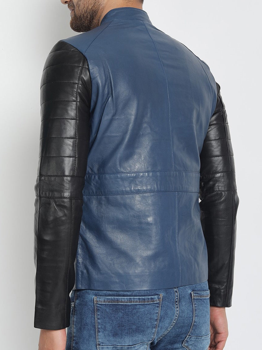 Blue Black Light Weight Biker Leather Jacket