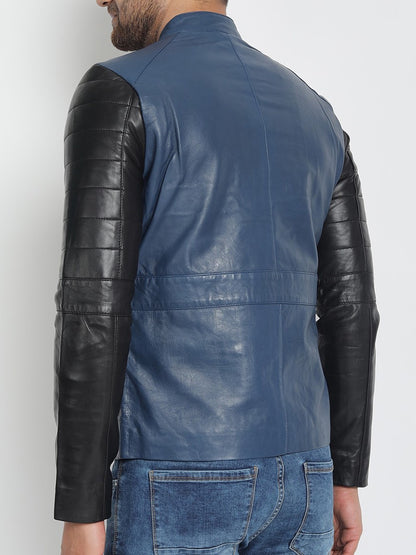 Blue Black Light Weight Biker Leather Jacket