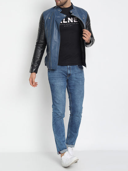 Blue Black Light Weight Biker Leather Jacket