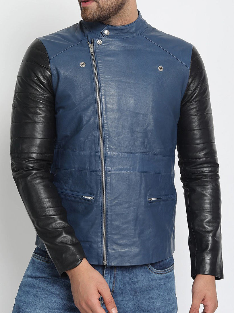 Blue Black Light Weight Biker Leather Jacket