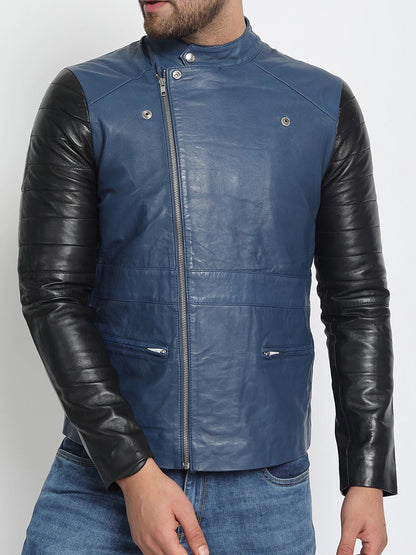 Blue Black Light Weight Biker Leather Jacket