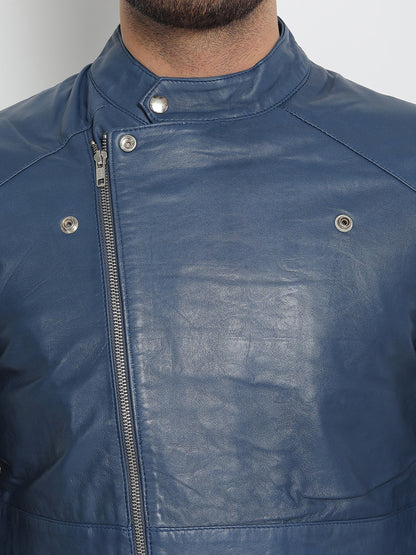 Blue Black Light Weight Biker Leather Jacket