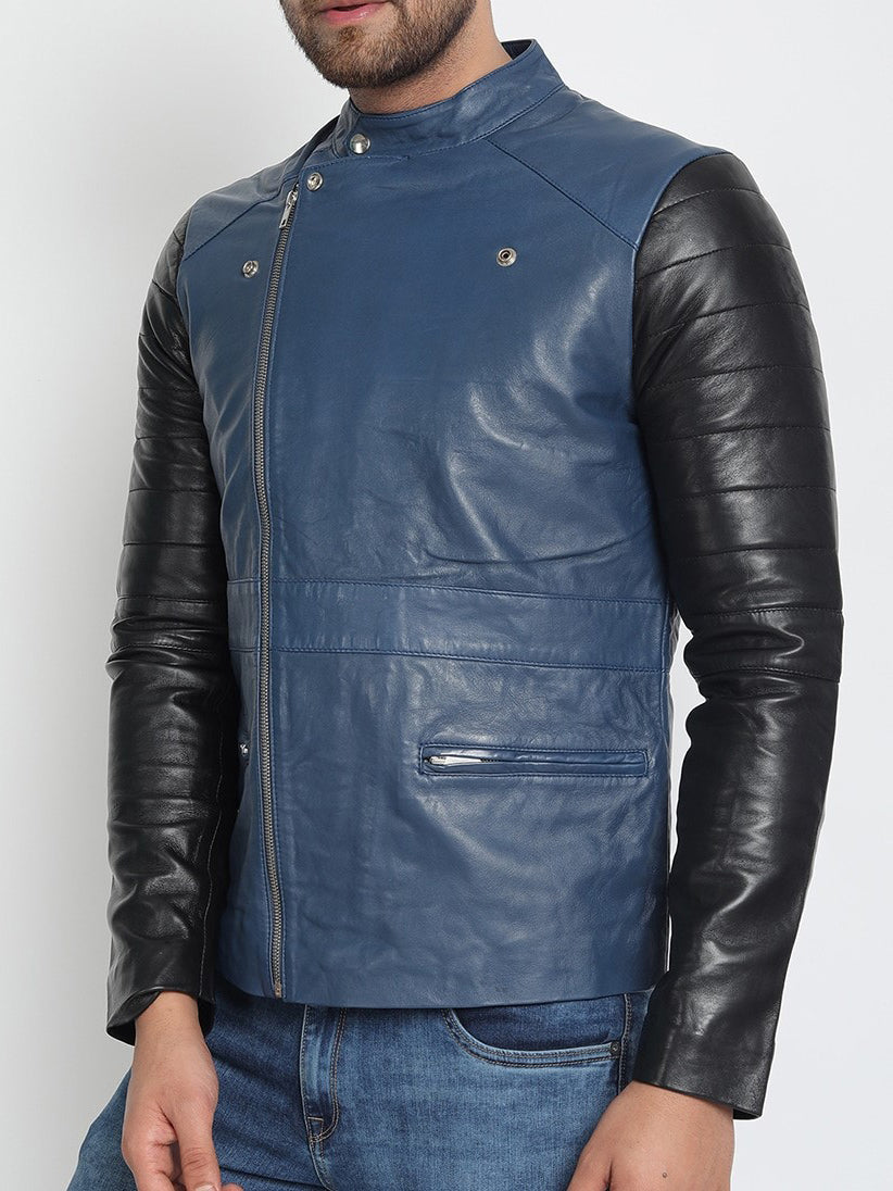 Blue Black Light Weight Biker Leather Jacket