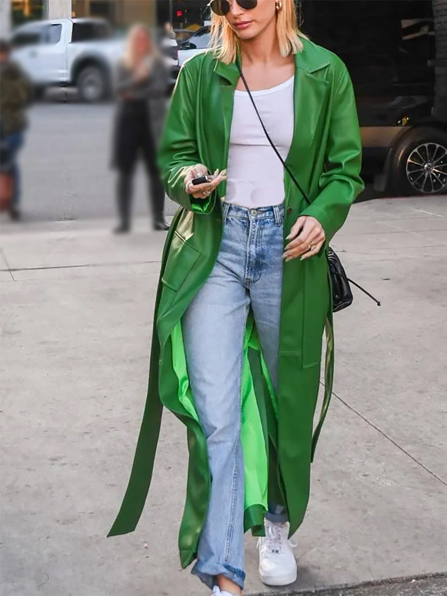 Hailey Bieber Style Green Leather Trench Coat