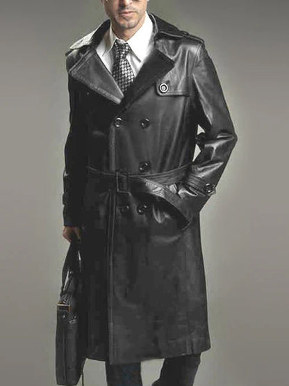 Men's Classic Black Leather Trench Coat