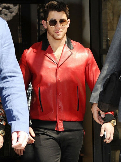 Nick Jonas Red Bomber Leather Jacket