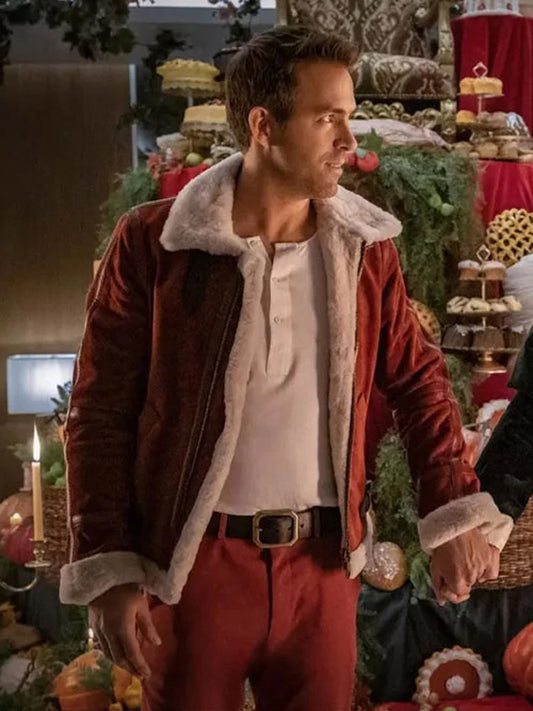 Ryan Reynolds Spirited Red Shearling Leather Jacket