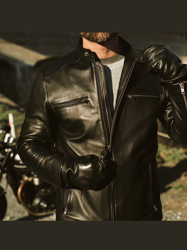 Thompson Black Biker Leather Moto Jacket