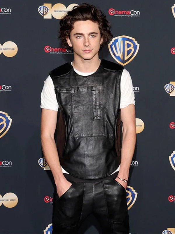 Timothee Chalamet CinemaCon Black Leather Vest