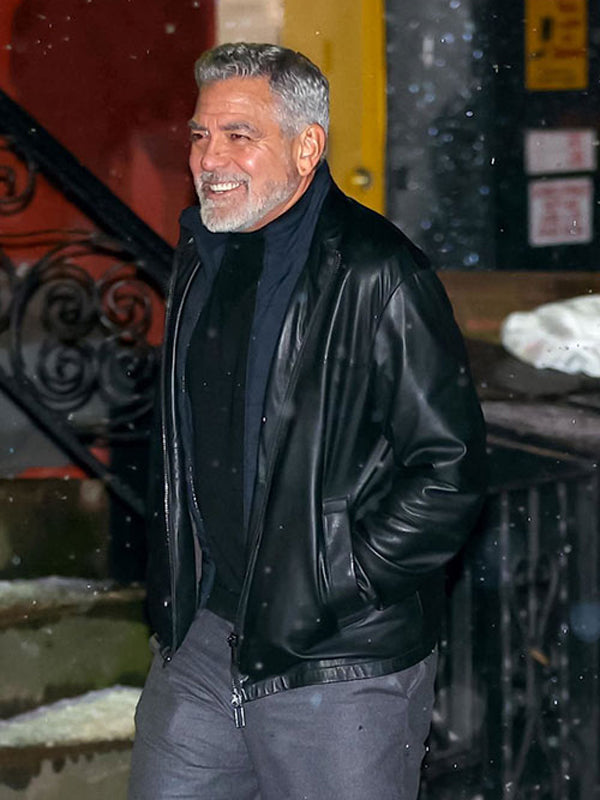 Wolfs 2024 George Clooney Black Leather Jacket