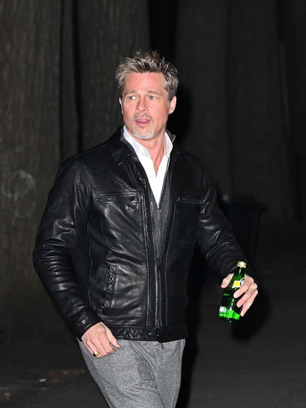 Wolfs Brad Pitt Black Leather Jacket