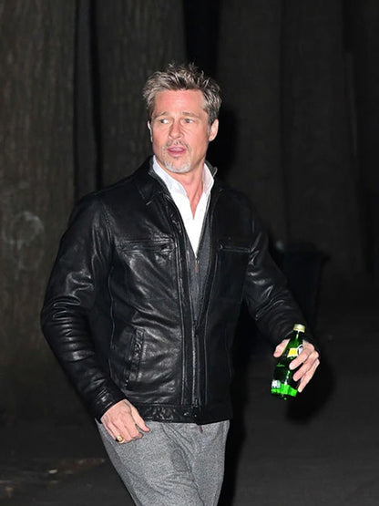 Wolfs Brad Pitt Black Leather Jacket