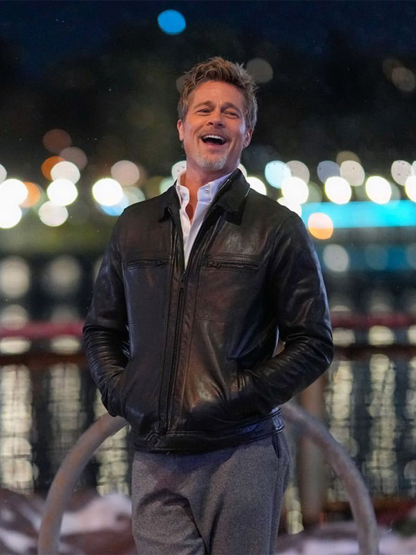 Wolfs Brad Pitt Black Leather Jacket