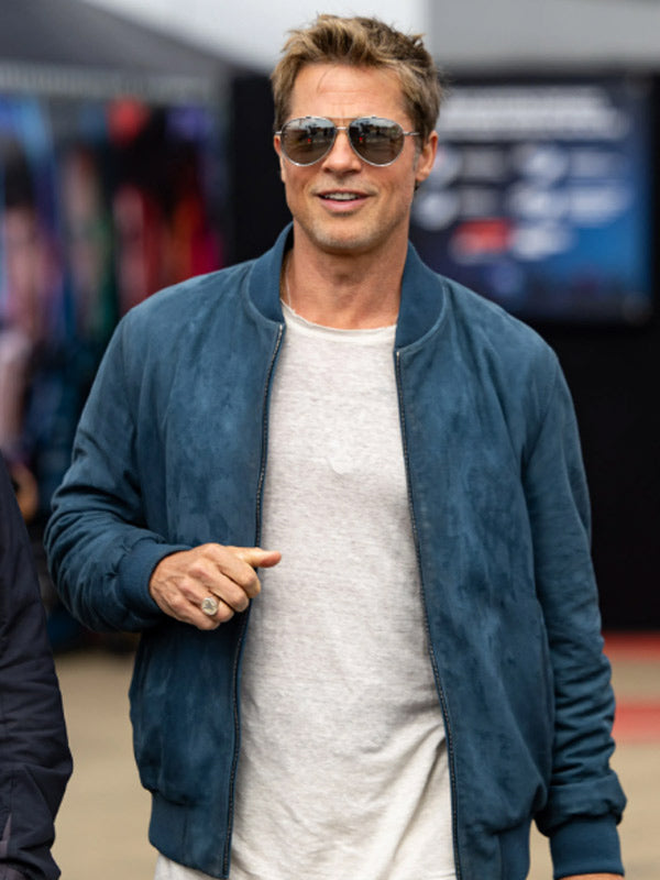 Brad Pitt F1 2025 Blue Suede Leather Bomber Jacket