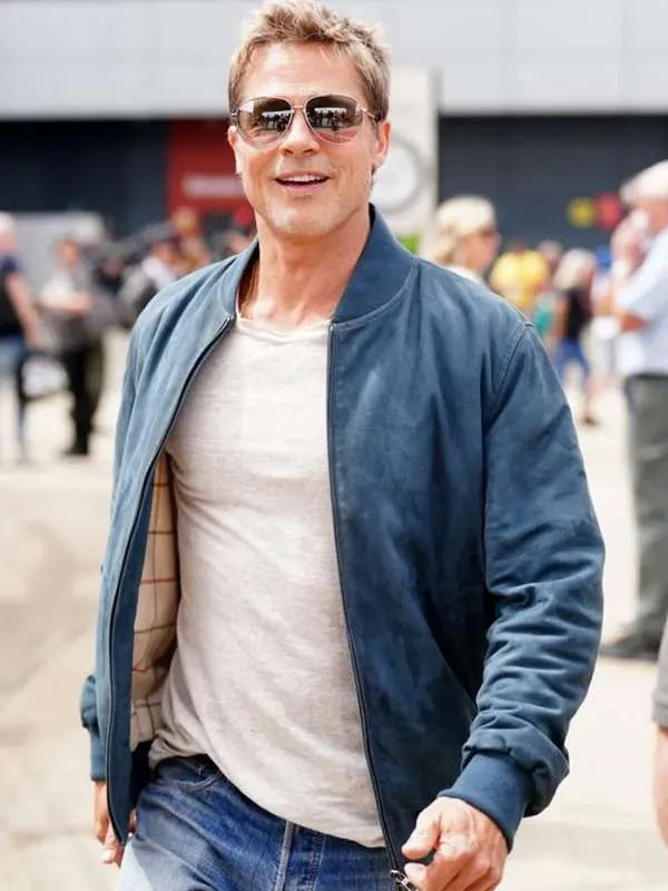 Brad Pitt F1 2025 Blue Suede Leather Bomber Jacket