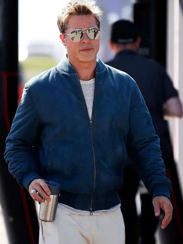 Brad Pitt F1 2025 Blue Suede Leather Bomber Jacket