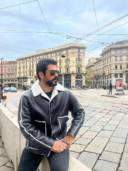 Burak Ozcivit Shearling Black Leather Jacket