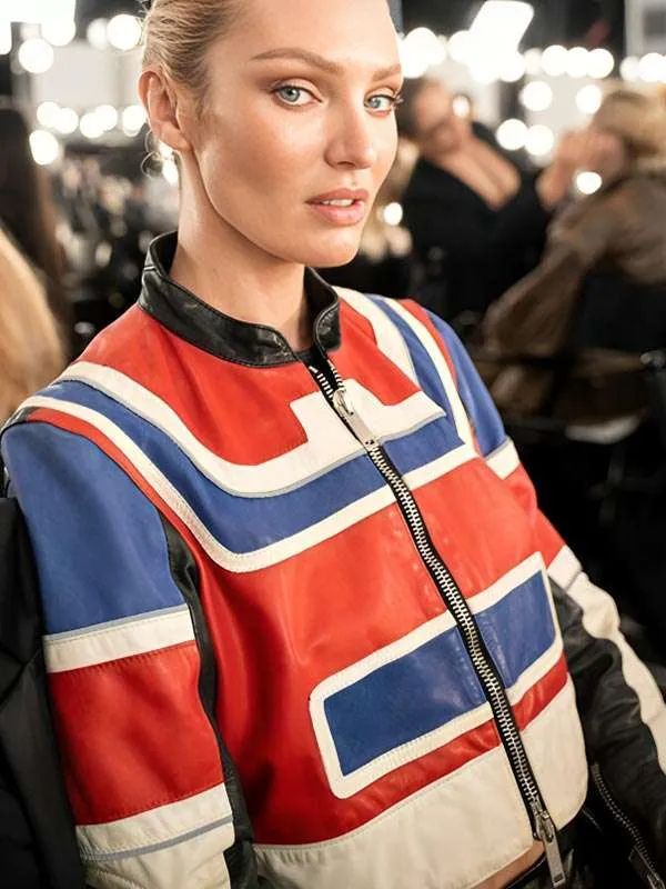 Candice Swanepoel Cropped Multicolor Leather Jacket