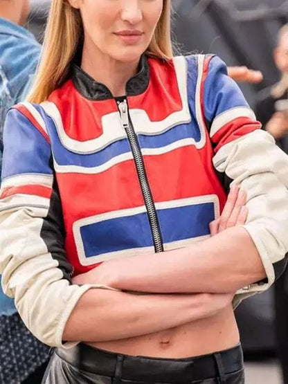 Candice Swanepoel Cropped Multicolor Leather Jacket