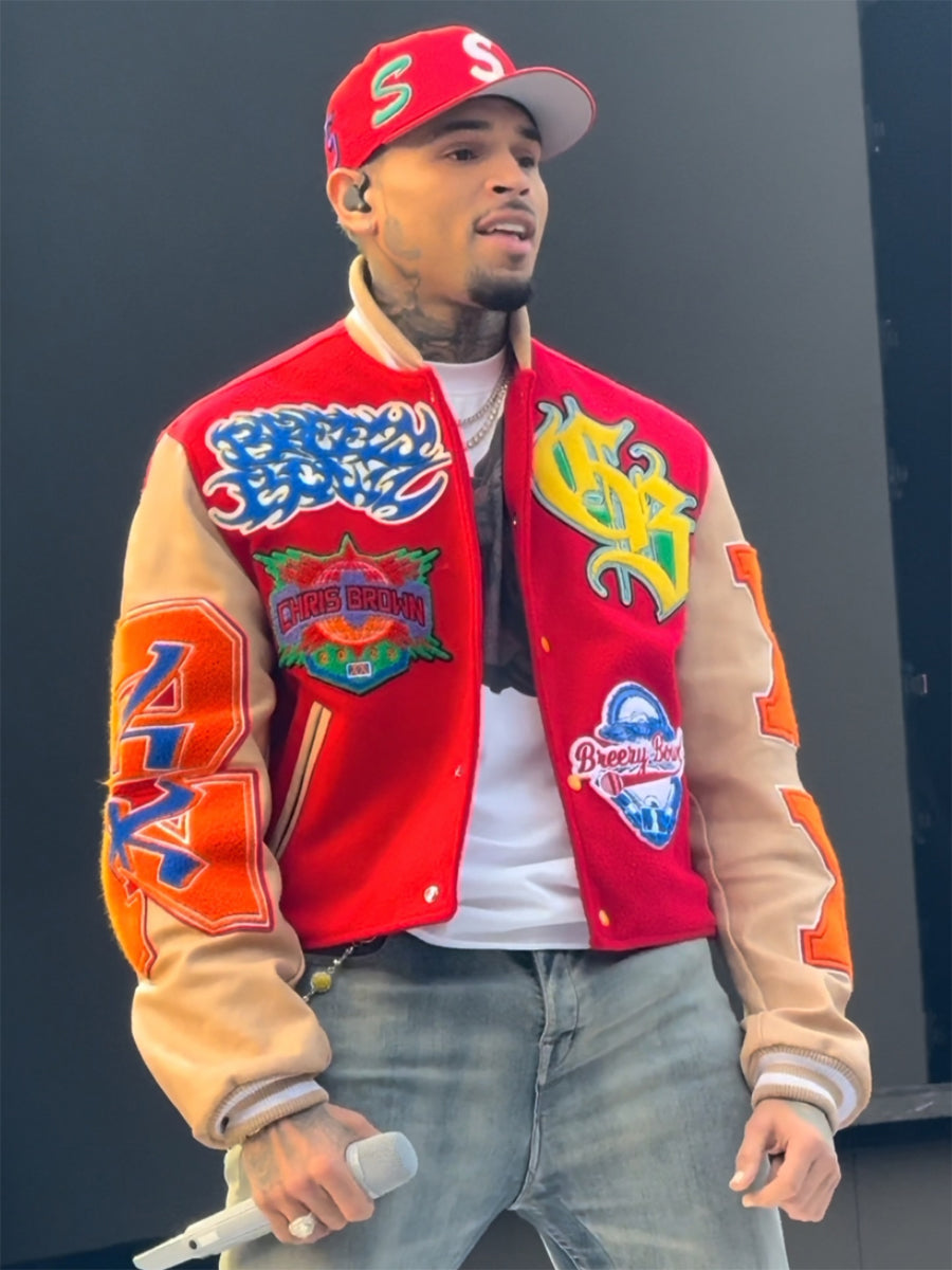 Chris Brown Breezy Bowl XX Tour Leather Red Bomber Jacket