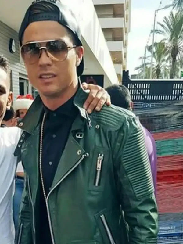 Cristiano Ronaldo Green Leather Biker Jacket