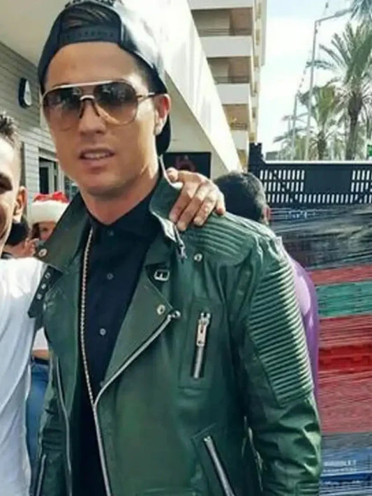 Cristiano Ronaldo Green Leather Biker Jacket
