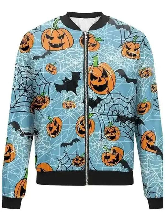 Halloween Bats and Web Printed Blue Bomber Jacket