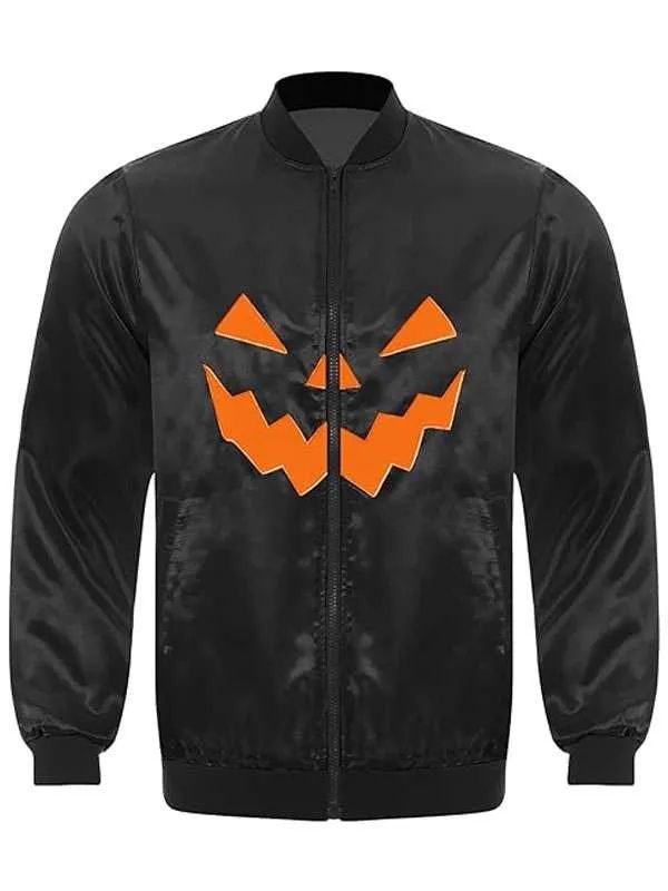 Halloween Scary Pumpkin Black Satin Bomber Jacket