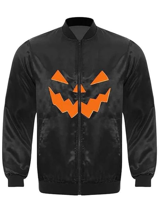 Halloween Scary Pumpkin Black Satin Bomber Jacket