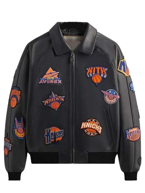 Knicks x Kith x AVIREX Icon Black Bomber Leather Jacket 