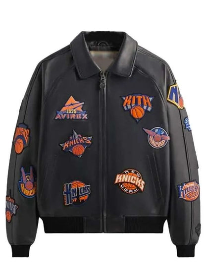 Knicks x Kith x AVIREX Icon Black Bomber Leather Jacket 