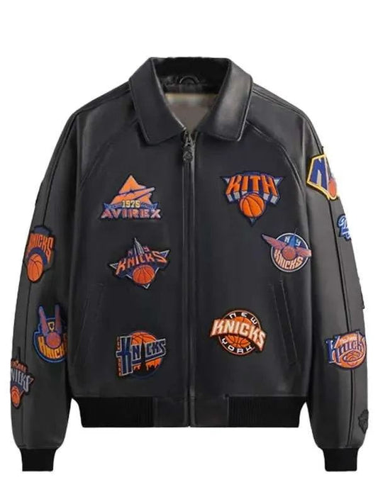 Knicks x Kith x AVIREX Icon Black Bomber Leather Jacket 