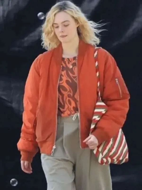 Margo’s Got Money Troubles Elle Fanning Orange Bomber Jacket