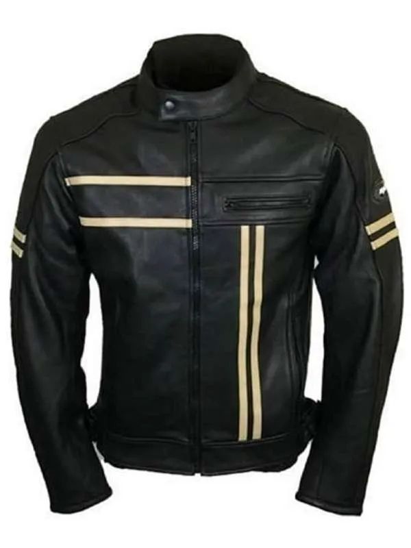 Men Cafe Racer Black Snap Tab Real Leather Jacket