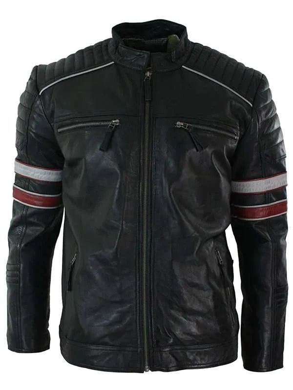 Men’s Cafe Racer Red and White Stripes Black Leather Jacket