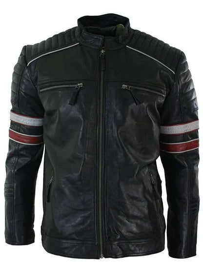 Men’s Cafe Racer Red and White Stripes Black Leather Jacket