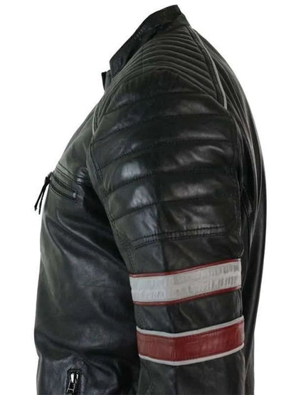 Men’s Cafe Racer Red and White Stripes Black Leather Jacket