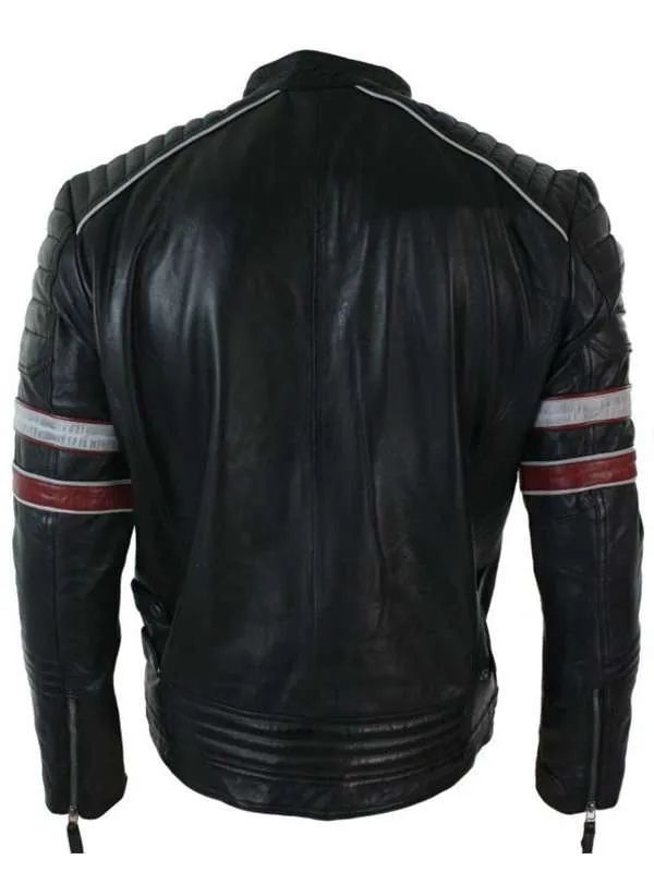 Men’s Cafe Racer Red and White Stripes Black Leather Jacket