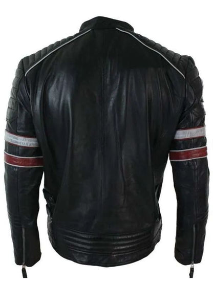 Men’s Cafe Racer Red and White Stripes Black Leather Jacket