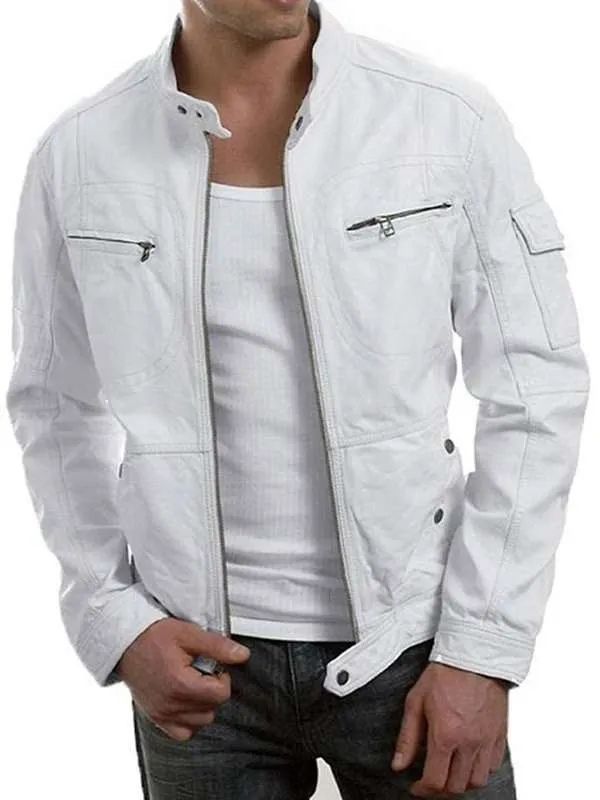 Men’s White Café Racer Motorcycle Leather Jacket