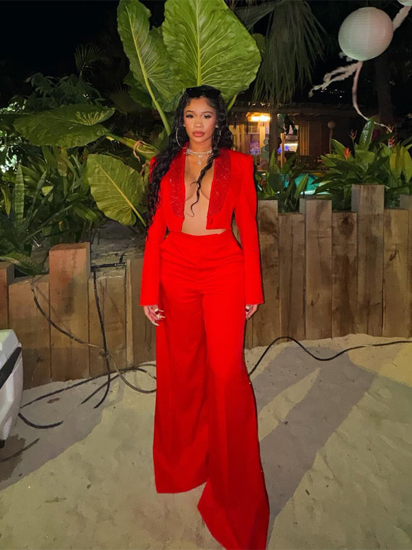 Meta Golding Red Crop Blazer Suit