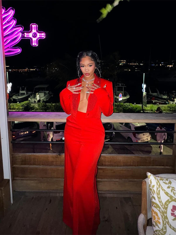 Meta Golding Red Crop Blazer Suit