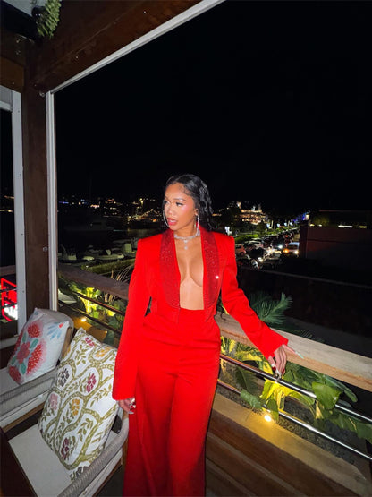 Meta Golding Red Crop Blazer Suit
