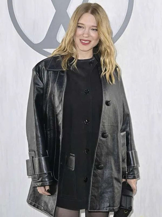 Paris Fashion Week Léa Seydoux Black Leather Coat