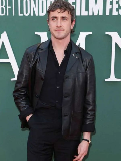 Paul Mescal Hamnet Movie Premiere Black Leather Jacket