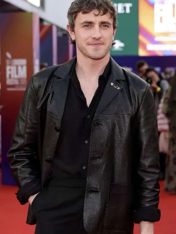 Paul Mescal Hamnet Movie Premiere Black Leather Jacket