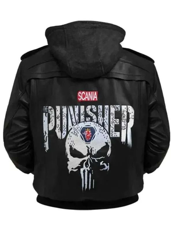 Punisher Black Hooded Bomber Leather Jacket for Halloween