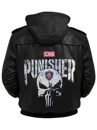 Punisher Black Hooded Bomber Leather Jacket for Halloween