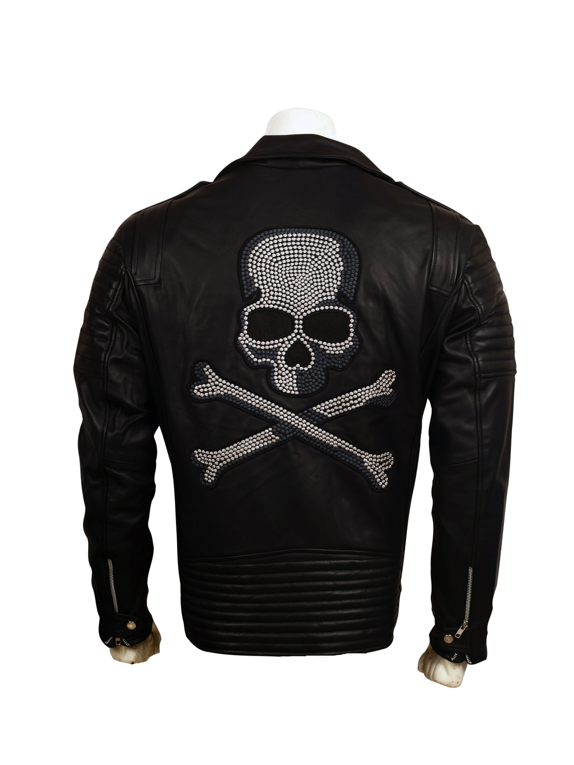 Skull Embroidered Black Leather Biker Jacket